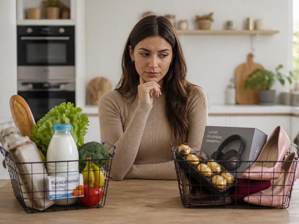 Mulher a escolher entre cesta de essenciais e cesta de produtos supérfluos