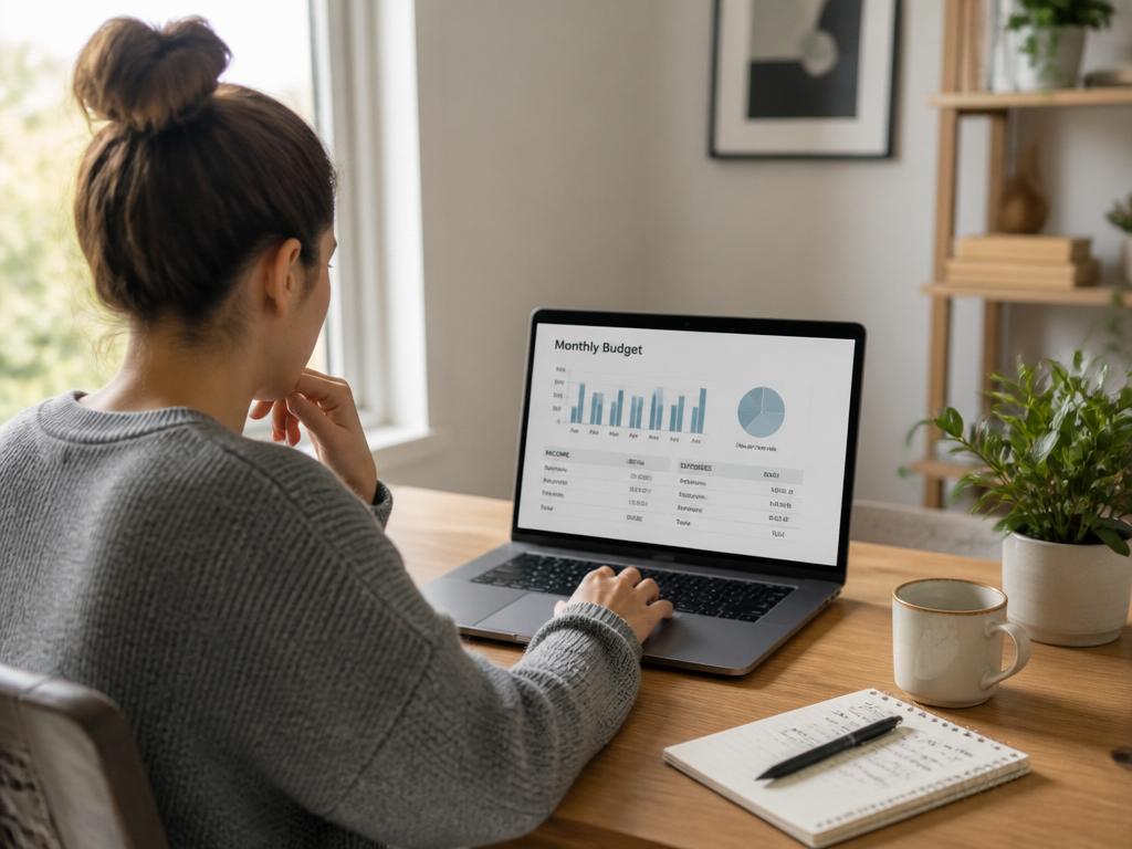 Mulher a rever o orçamento mensal no computador com gráficos e tabela